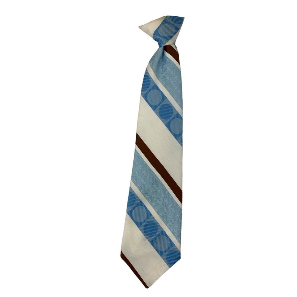 Vintage Men's Clip On Tie Blue White Brown Striped Polyester Cornell 60s 70s